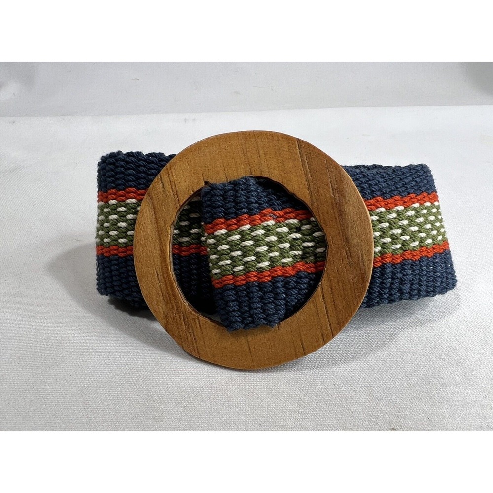 Vintage Wide Canvas Belt Women's Petite Woven Blue Green Red Wooden Buckle‎